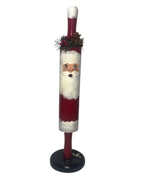 VTG Handcrafted Wooden Rolling Pin Santa Primitive Folk Art Christmas Decor 14"